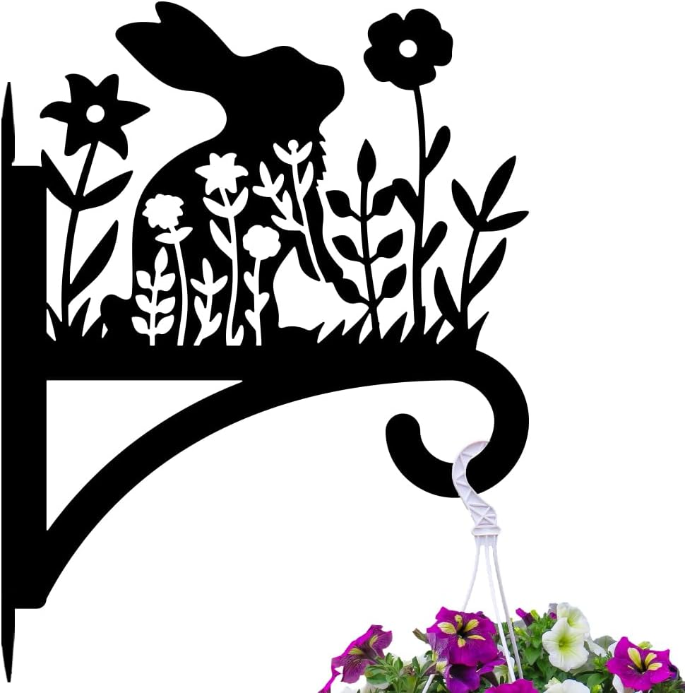 Peacoblue Iron Plant Hangers Hooks for Outdoor Indoor Hanging Plants Flower Fern Pots, Lantern, Bird Feeder, Wind Chimes, 12”x14” Weather Resistant Metal Wall Holder for Porch Garden Farmhouse(Rabbit)