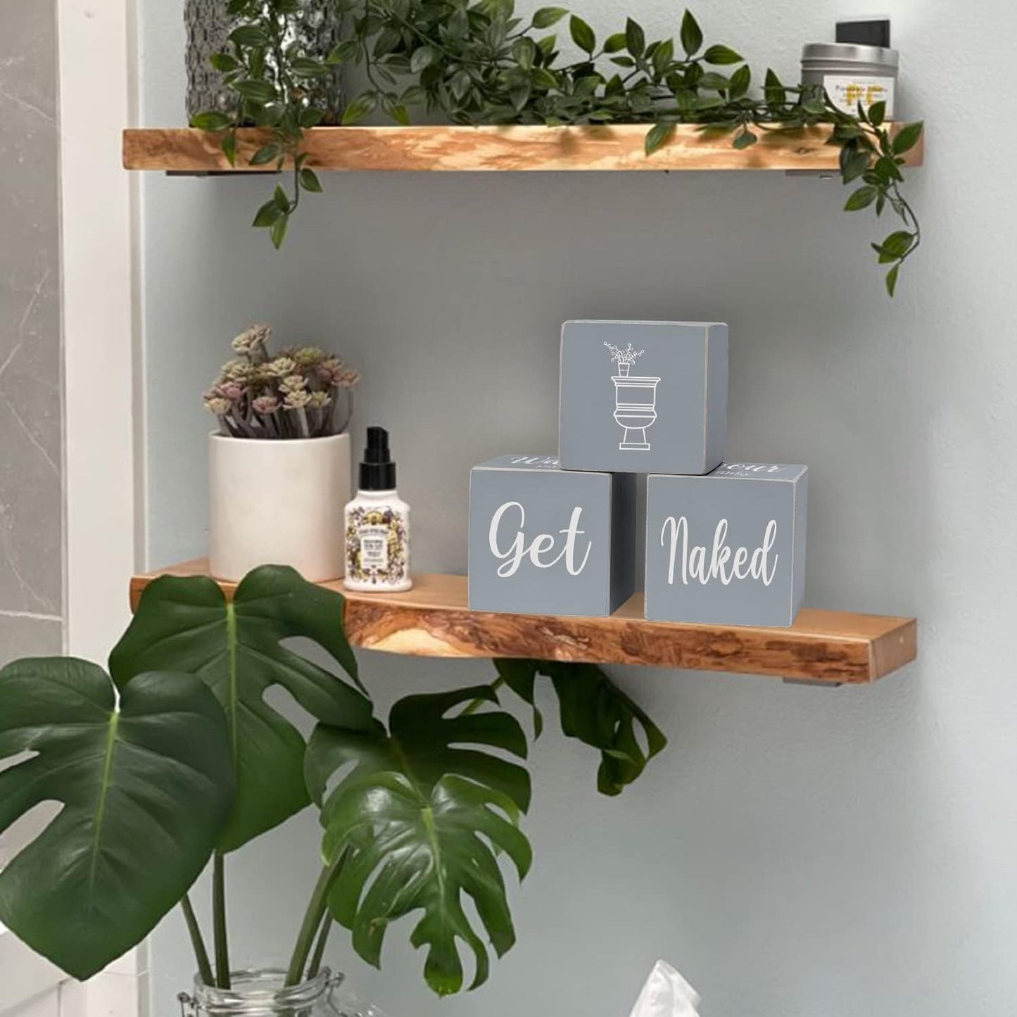 4-Sides Farmhouse Bathroom Decor for Shelves Counter, Funny Rustic Cute Wooden Restroom Guest Sign, Nice Butt&Get Naked&Hello Sweet Cheeks&Wash Your Hands, Grey 2.8"