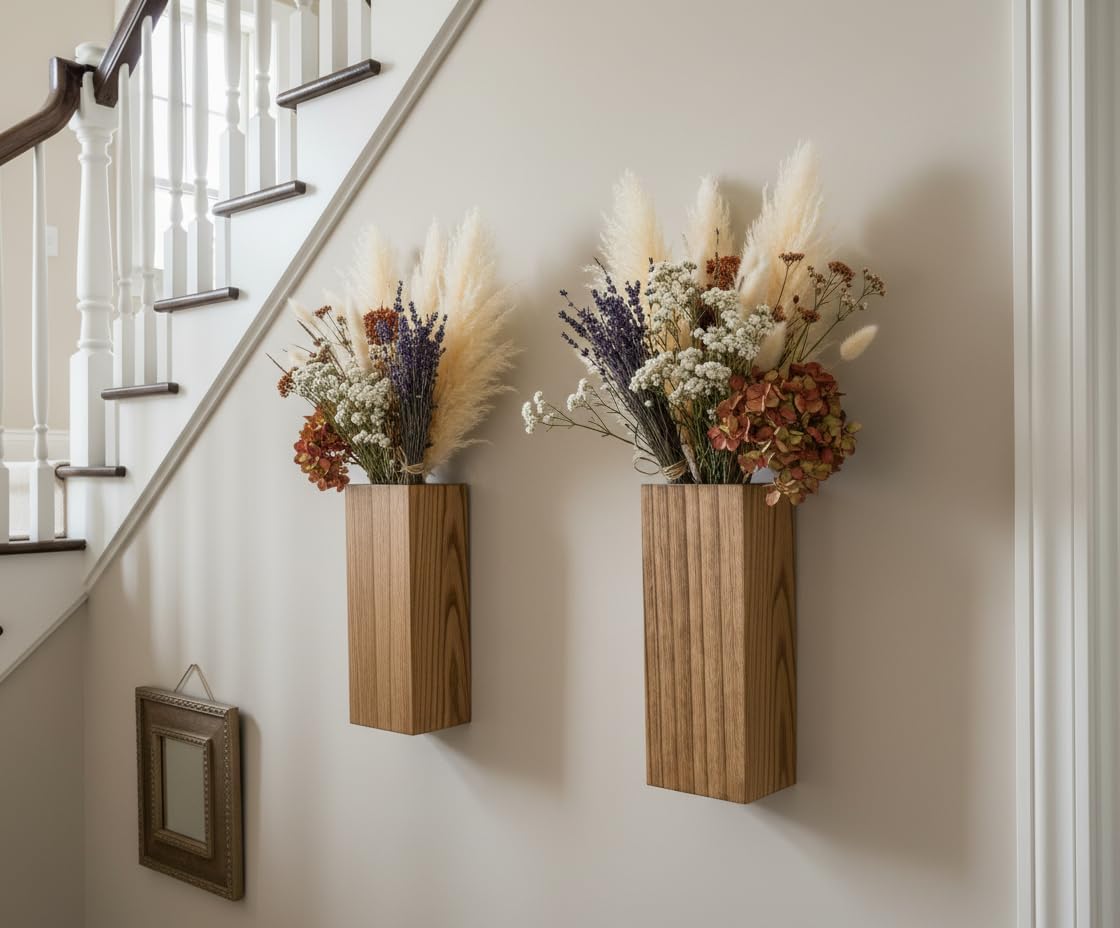 2 Pieces Wooden Wall Hanging Plant Pots Vase Contains Artificial Green Plants for Indoor Fake Plants Greenery Flowers, Modern Planters for Bathroom, Living Room, Kitchen Decor, (Wood Color)