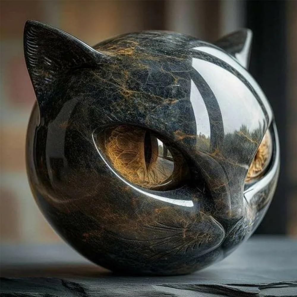 Luxury Black Cat Stone Sculpture, Elegant Home Décor & Gift-Ready Art Piece, Hand-Carved Crystals and Healing Stones Carved, Cute Decoration Gemstones Gifts for Cat Lovers Women Men (E)