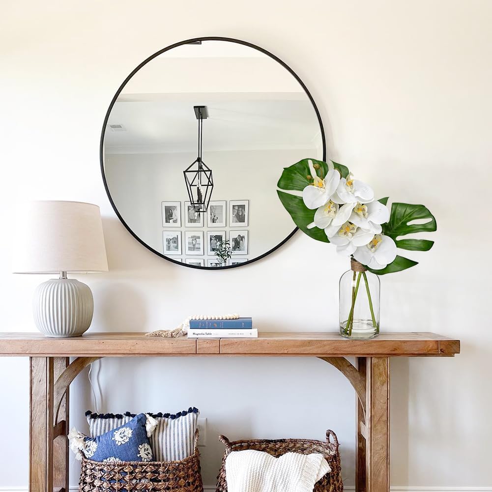 Artificial Monstera Plant and Fake Orchid in Glass Vase, 13.8" Real Touch Fake Plant Tropical Leaves Orchids Artificial Flowers with Faux Water for Home Bathroom Kitchen Office Centerpiece Room Décor