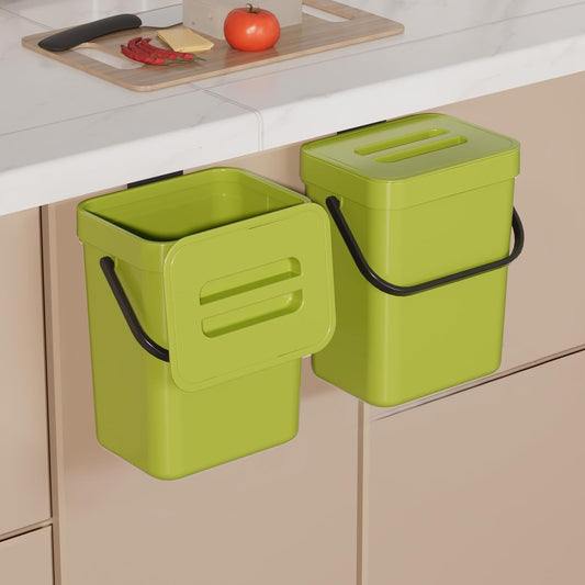 2-Pack Small Compost Bin with Lid, Hanging Kitchen for Cabinet Door, Kitchen Waste Bin, Odor-Free, Compact Recycle Bin for Kitchen, Dog Proof Trash Can, Desk Trash Can for Home Use