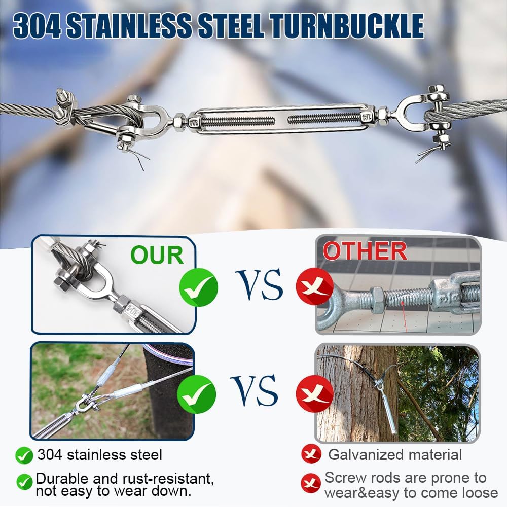 1/4" Wire Rope Kit, 100ft Stainless Steel Cable with 4Pcs 1/4 Turnbuckle, Clamp & Thimble, 7x19 Strands Heavy Duty Metal Cable,1400 lbs Load Limit, Turnbuckles for Cables Wire, Zipline