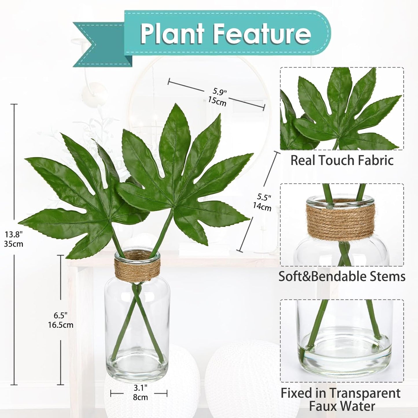 Fake Plants Faux Greenery Stems in Glass Vase with Faux Water, Realistic Silk Faux Plants Artificial Tropical Leaves for Home Bathroom Office Wedding Centerpiece Décor
