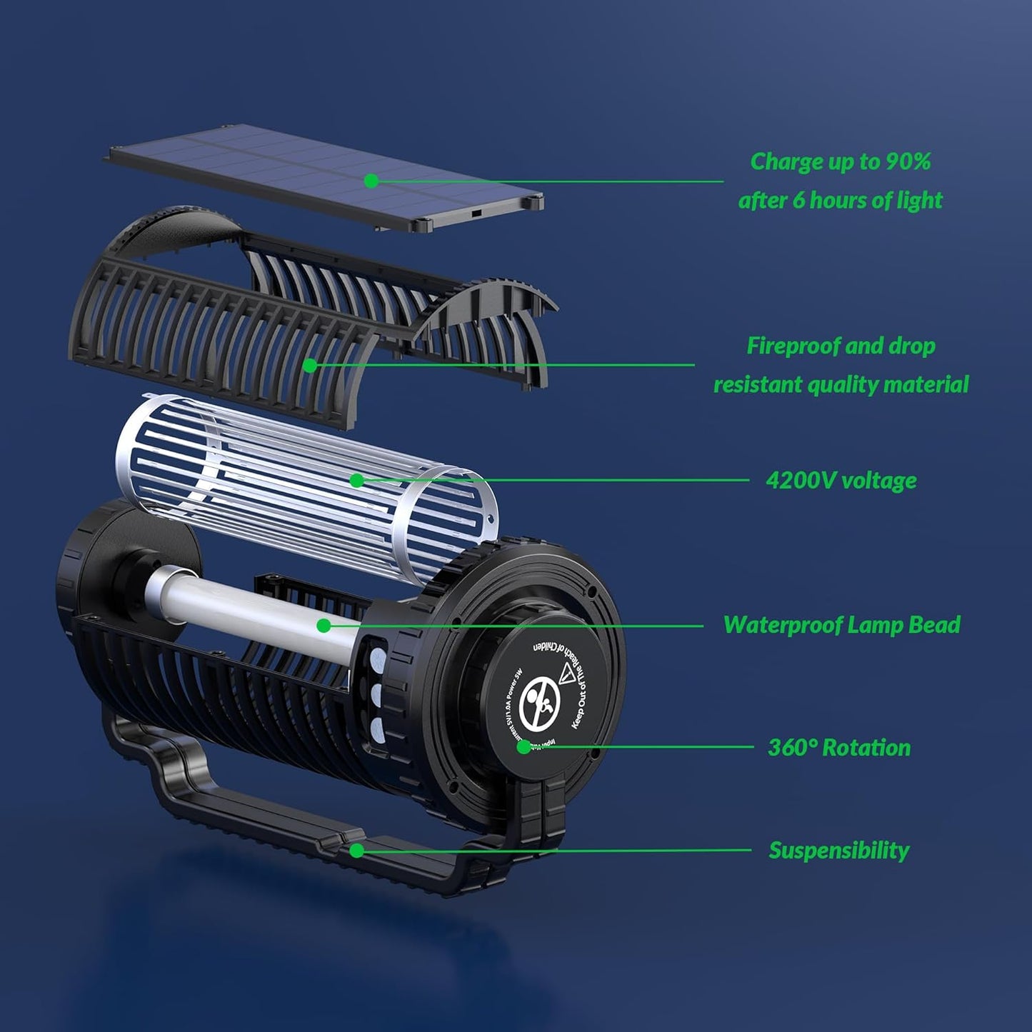 Solar-Powered Mosquito Killer & Bug Zapper, 4200V Voltage, IP5 Waterproof, ABS Fireproof Material, Large Coverage Area (1/2 Acre), Long-Lasting LED Lamp Beads，(Black)