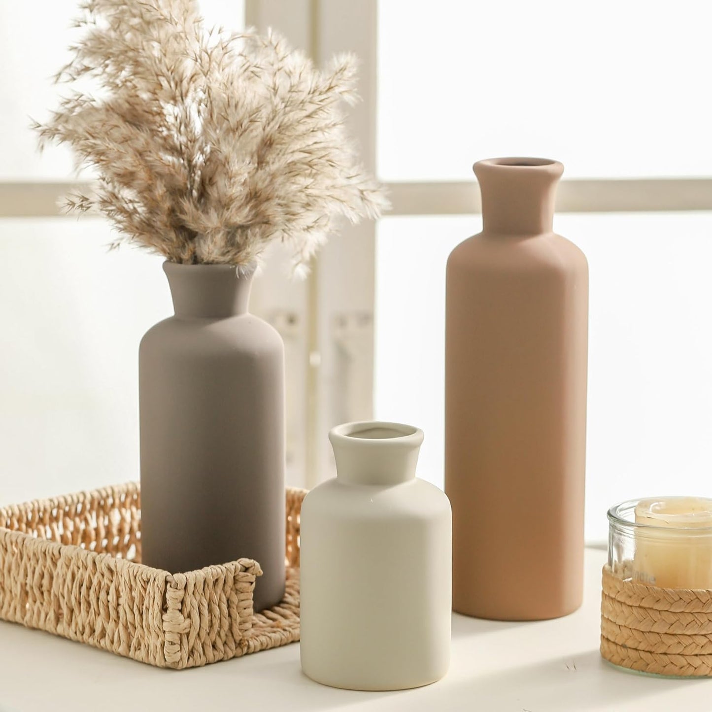 Ceramic Vase Set of 3, Flowers Neutral Modern Vases Home Decor Rustic Farmhouse Decor Pampas Vase for Table Mantel Entryway Shelf Living Room Kitchen Bathroom - Brown