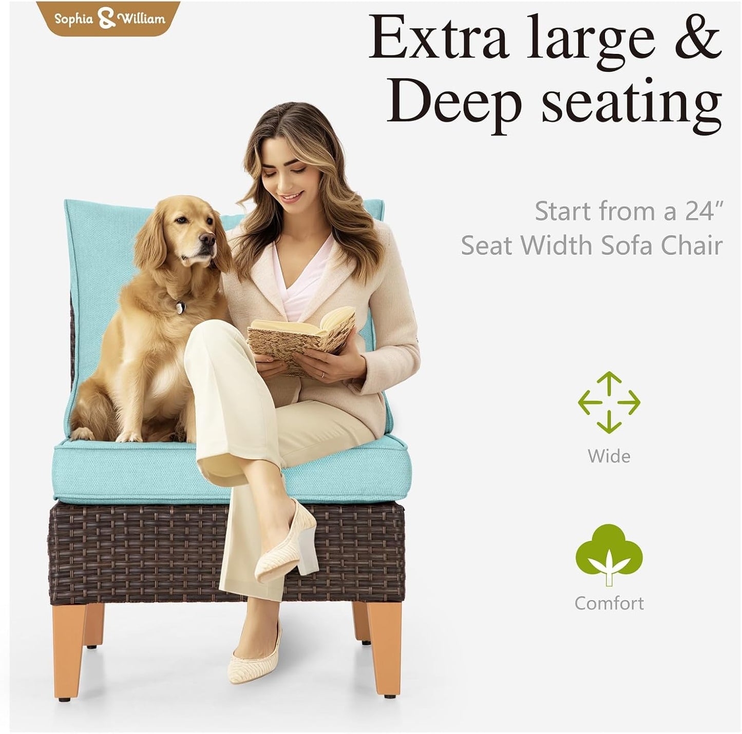 Sophia & William Outdoor Wicker Sectional Sofa Set, 8 Piece Half Moon Curved Patio Furniture Modern Round Outdoor Couch Conversation Set with Ottoman for Backyard, Pool, Garden(Aqua Blue)