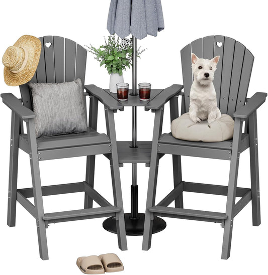 Tall Adirondack Chairs Set of 2-Durable HDPE Outdoor Bar Stools with Double Connecting Tray, Weatherproof Patio Furniture for Poolside, Backyard, Deck & Lawn Relaxation (Gery)