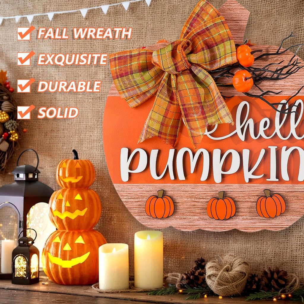 3D Hello Pumpkin Wooden Fall Wreath for Front Door | Fall Autumn Hanging Decor with Bow & Wreath | Farmhouse Harvest Thanksgiving Decor for Porch, Wall | Indoor Outdoor Home (Color-Pumpkin-D)
