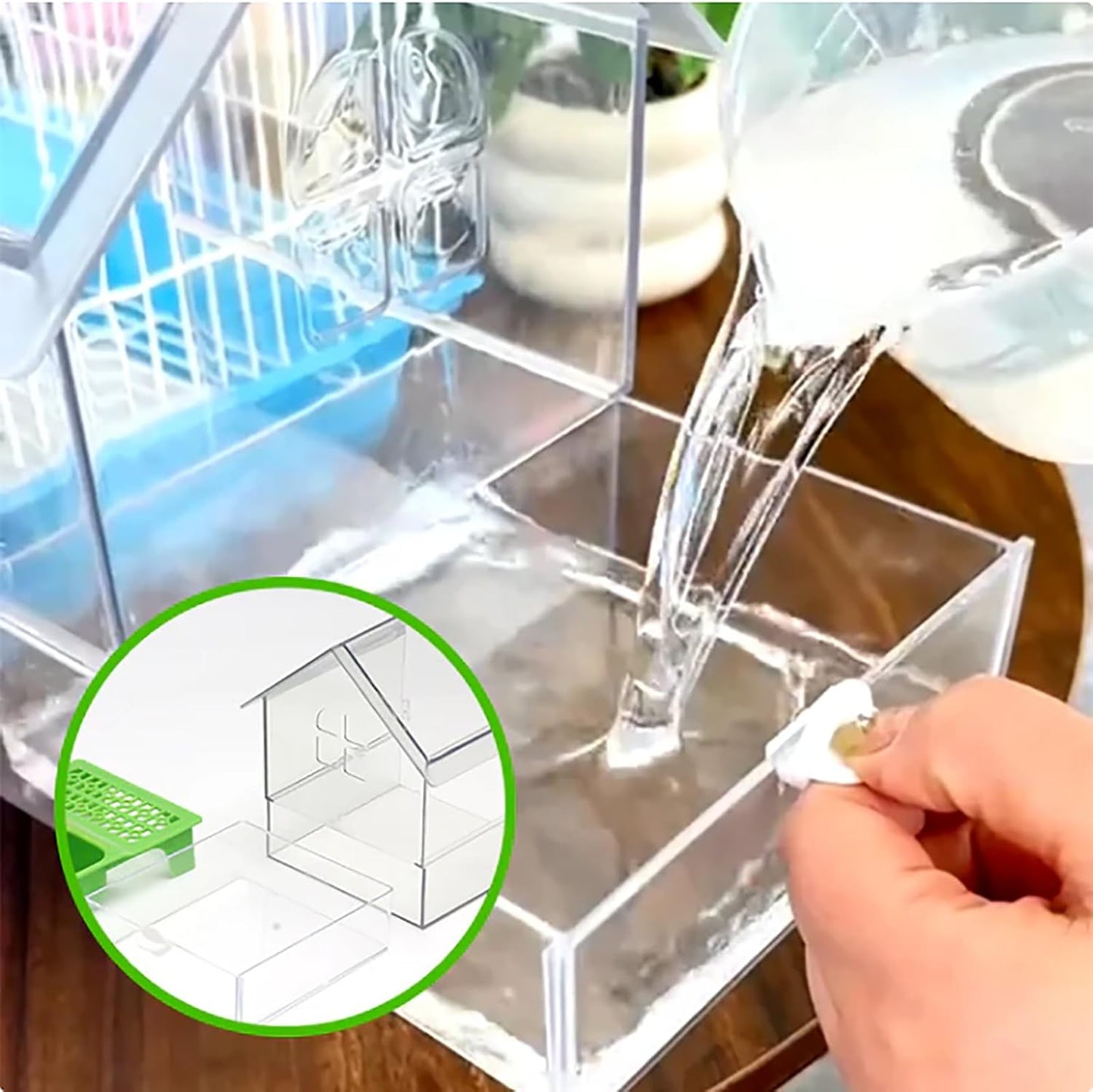 Ziveseller/Sowhathow Pull-Out External Parrot Feeder, Parrot Feeder Parakeet House Bird Bath Transparent Dish Water, Hanging Wild Bird Seed with Squirrel Proof Tray (Green*2)