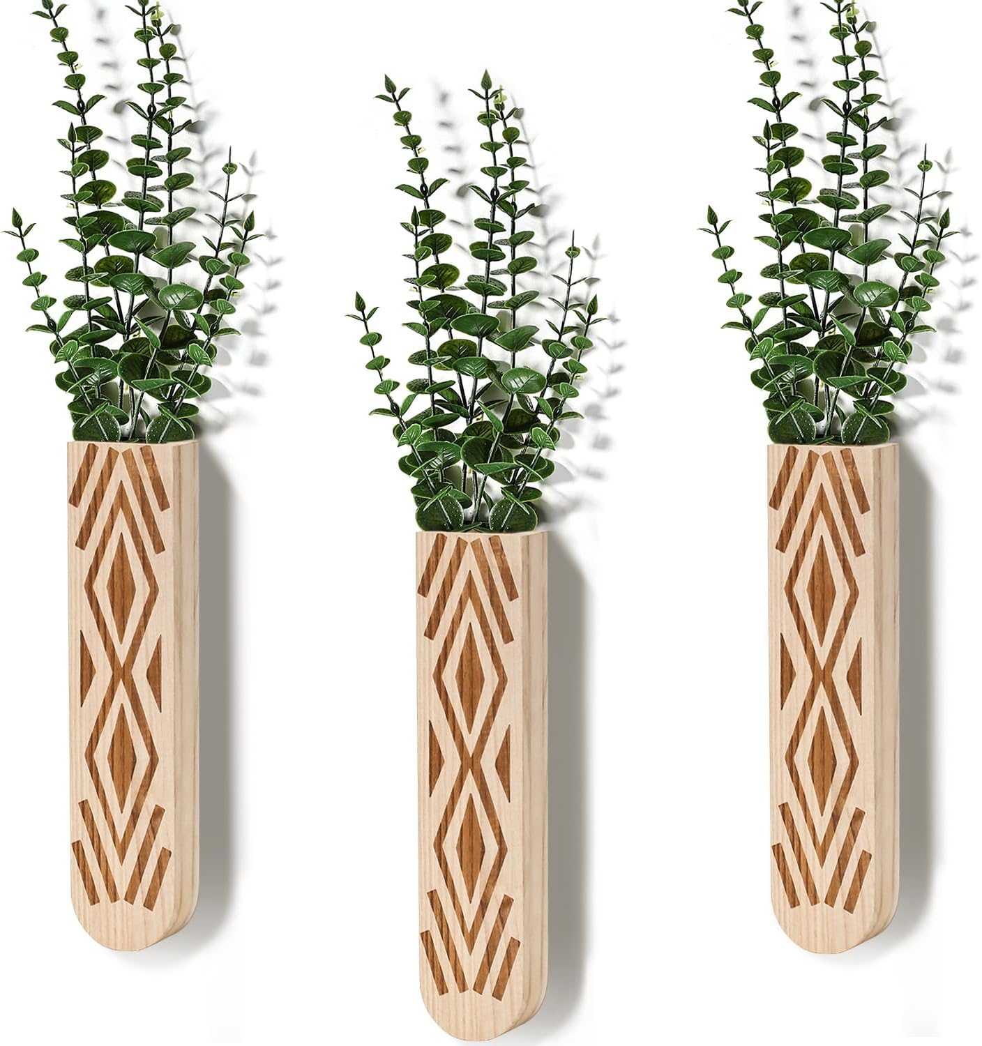 Wooden Wall Planter Set of 3 - Modern Bohemian Home Decor for Living Room, Bedroom, Bathroom - Beige Finish Planter for Dried Flowers, Faux Greenery, Indoor Plants