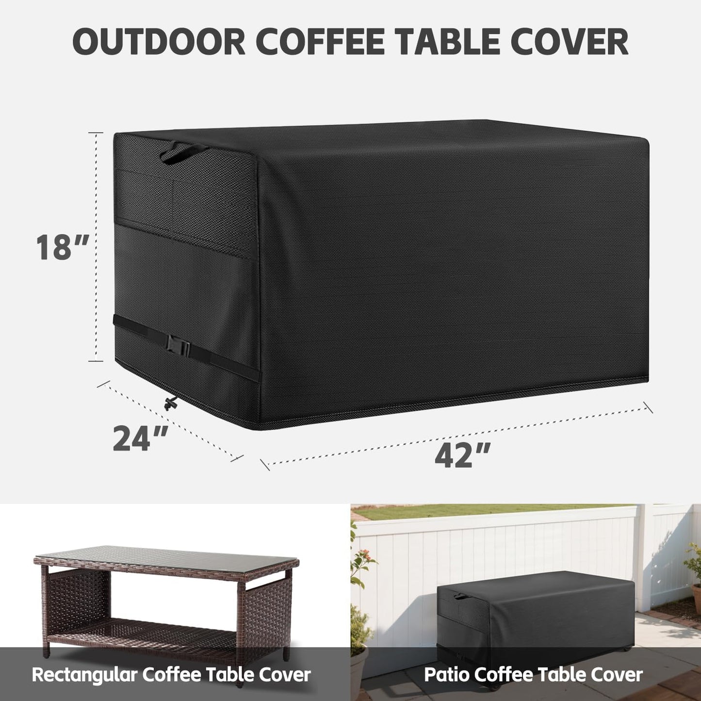 Patio Coffee Table Cover Black Heavy Duty Waterproof Cover 42" L x 24" W x 18" H for Rectangular Coffee Table