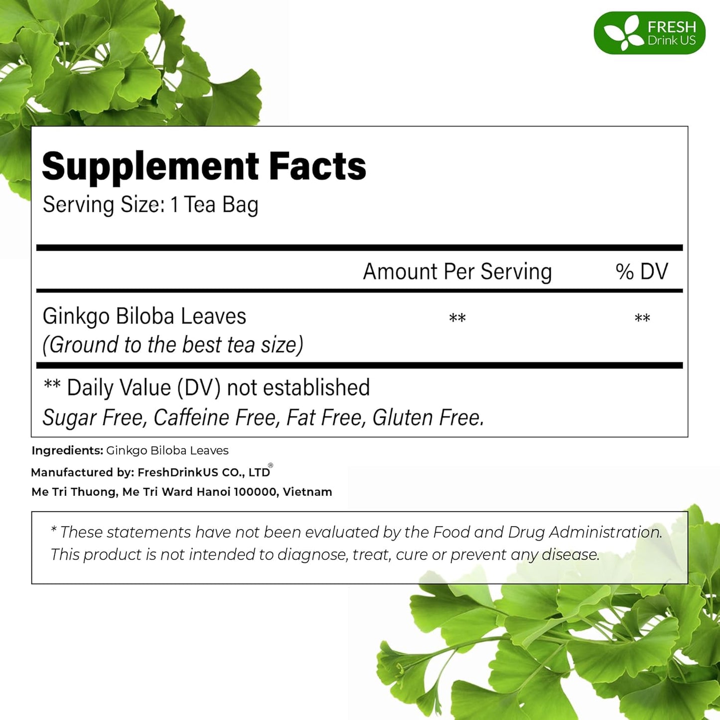 FreshDrinkUS, Premium 75 Ginkgo Biloba Leaf Tea Bags, 100% Natural & Pure from Ginkgo Biloba Leaves. Loose Leaf Herbal Tea. Made with Eco-Conscious Tea Bags. No Sugar, No Caffeine, No Gluten, Vegan.