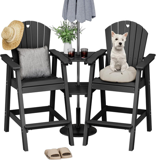 Tall Adirondack Chairs Set of 2-Durable HDPE Outdoor Bar Stools with Double Connecting Tray, Weatherproof Patio Furniture for Poolside, Backyard, Deck & Lawn Relaxation (Black)