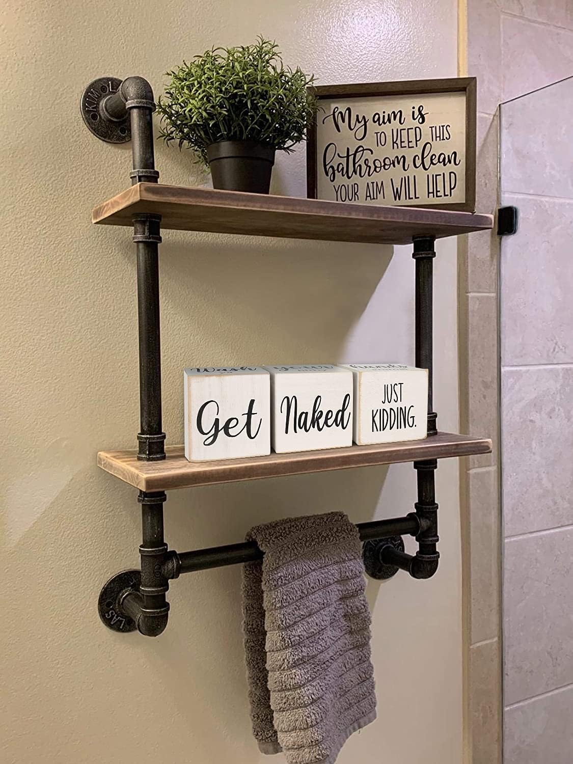 Funny Farmhouse Bathroom Decor and Accessories for Shelf, 4-Sided Wooden Blocks - Nice Butt&Get Naked&Hello Sweet Cheeks&Wash Your Hands Sign, Modern Rustic Restroom Decorations, White 2.8"