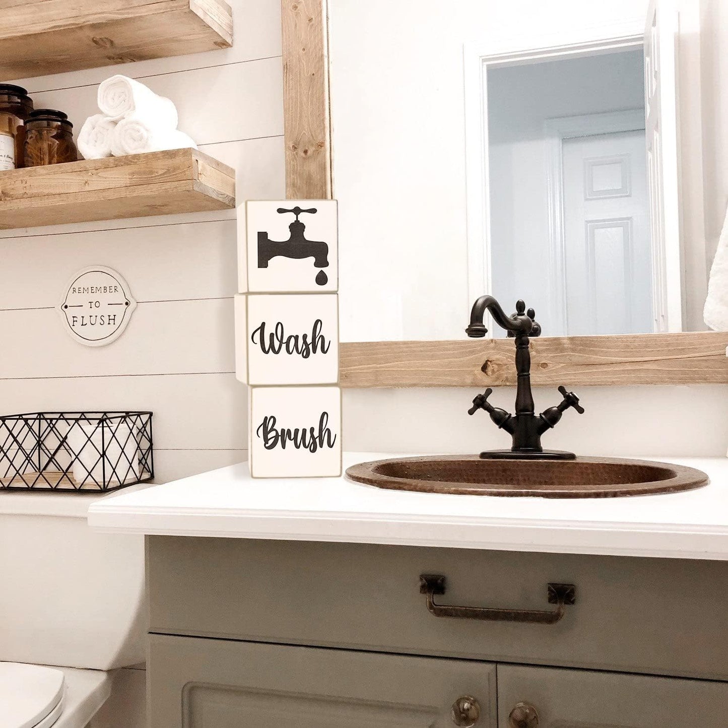 Farmhouse Funny Bathroom Decor, 4-Sided Wooden Blocks, Country Rustic Cute Bathroom Sign for Shelf, Black and White House Home Decorations Accents, 2.8