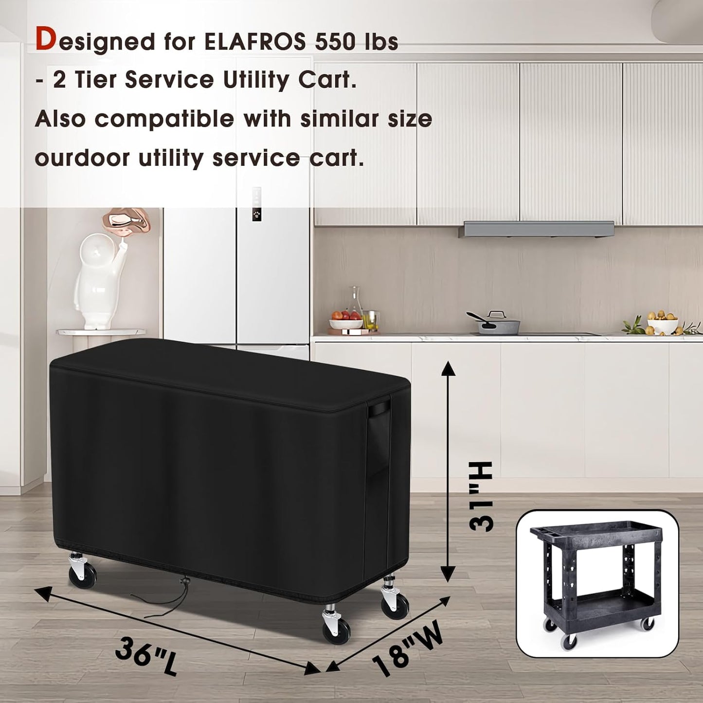 Outdoor Prep Table Cover, Plastic Utility Cart Cover for ELAFROS 550 lbs - 2 Tier Service Cart Waterproof Grill Carts Covers Rolling Tool Box Covering - 36" L x 18" W x 31" H