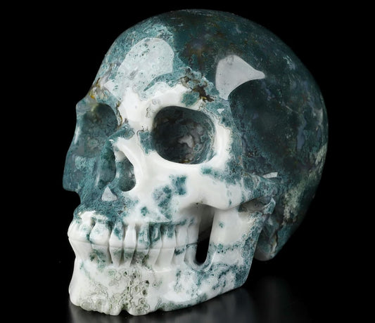 Skullis 5.0" Green Moss Agate Crystal Skull, Hand Carved Gemstone Fine Art Sculpture, Reiki Healing Stone Statue.2057