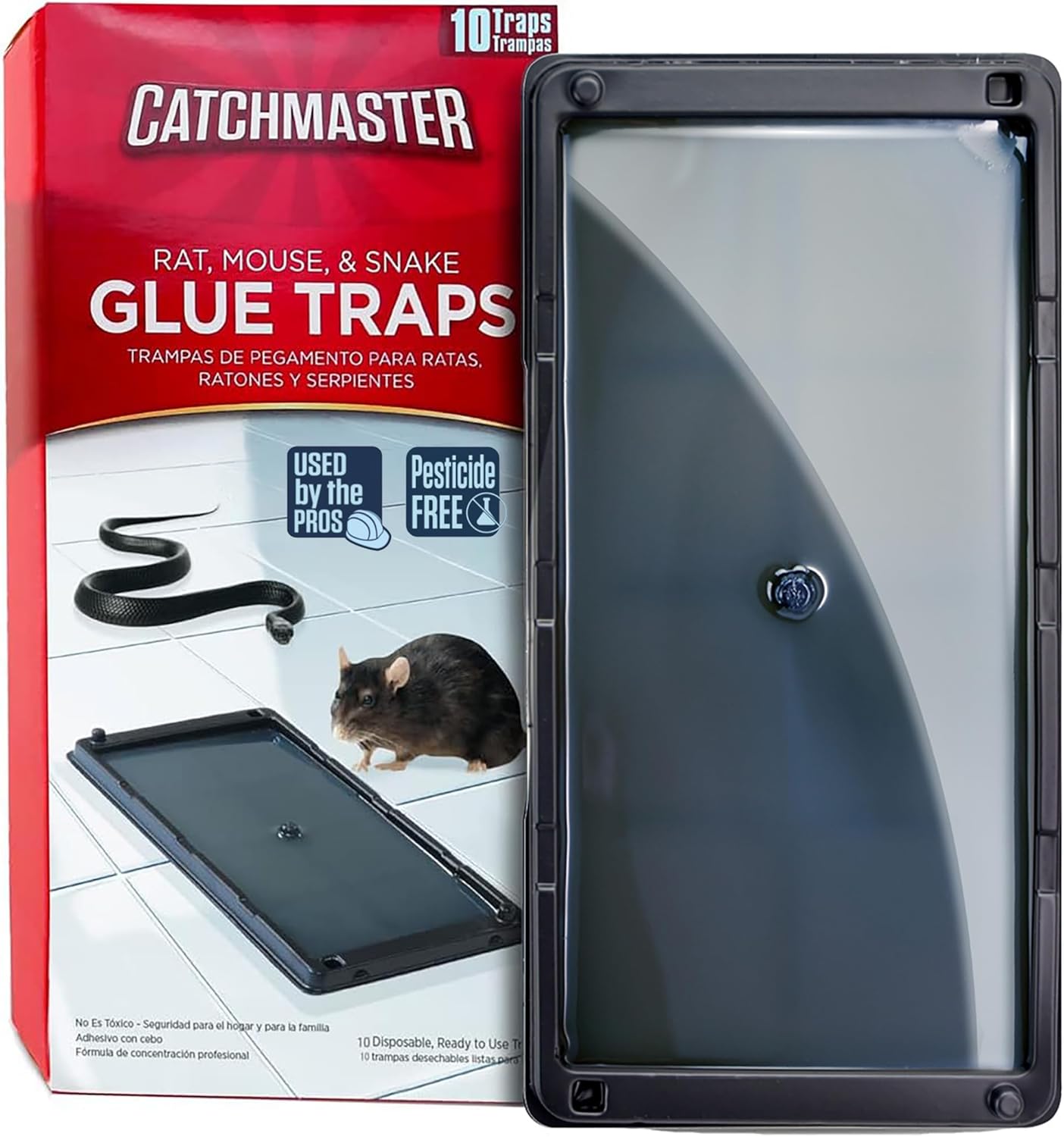 Catchmaster Rat, Snake and Mouse Traps 10Pk, Large Bulk Glue Rat Traps for Home, Adhesive Plastic Tray for Inside House, Snake, Mice, & Spider Catcher, Pest Control for House & Garage
