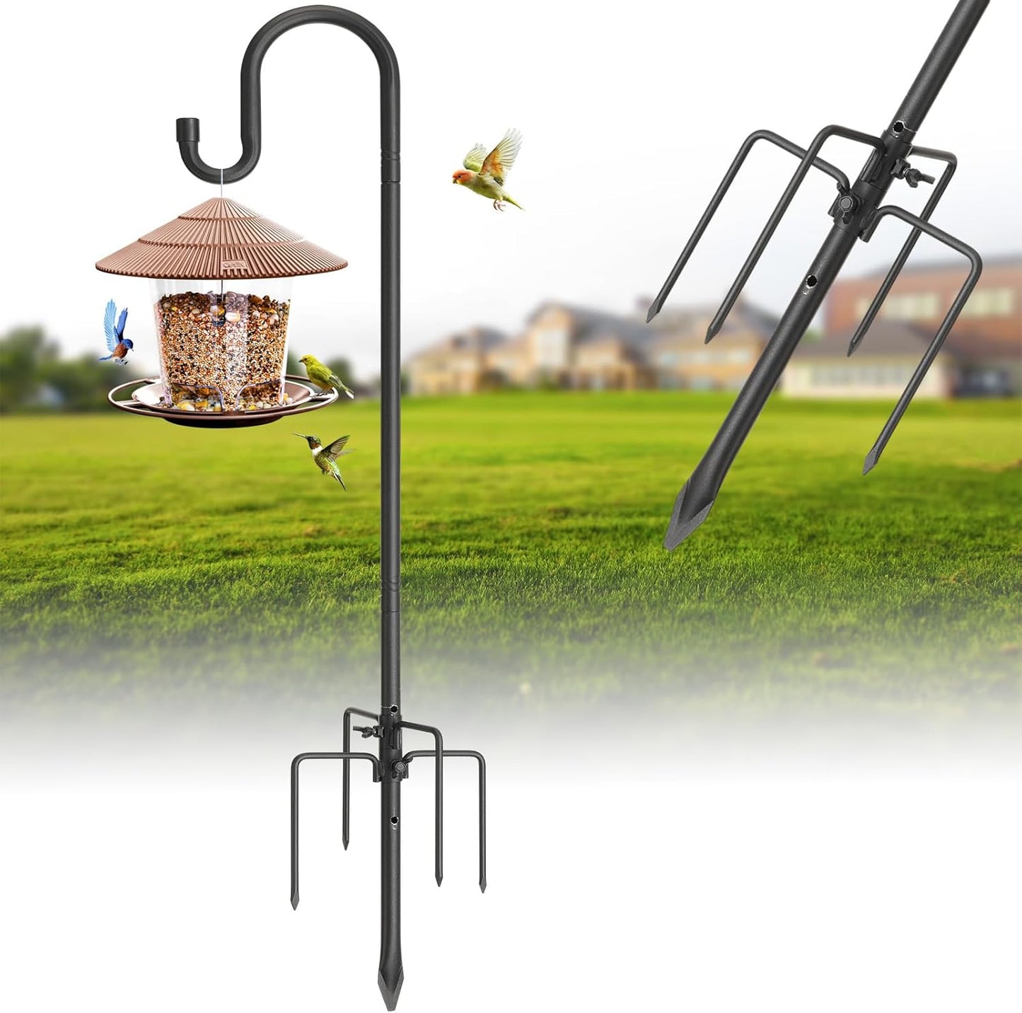 Bird Feeder Pole with Shepherds Hook - Heavy Duty Hummingbird Feeder Stand with 5 Prong,78" Adjustable Rustproof Garden Hooks Outdoor for Hanging Birdfeeder,Wind Chimes,Lanterns,Solar Lights,Black