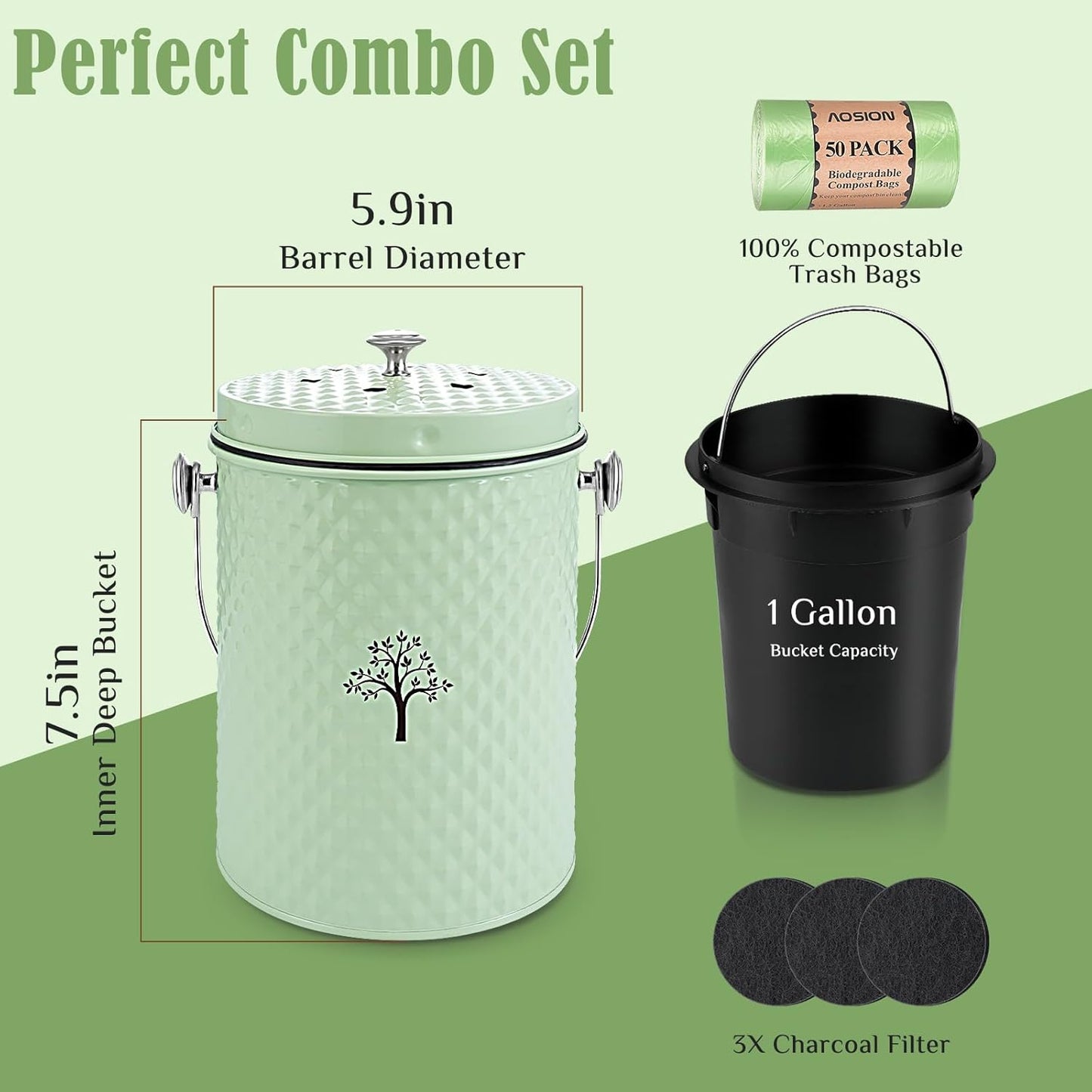 AOSION Countertop Compost Bin Kitchen，Odorless Indoor Compost Bin with Lid and Compost Bags,Compost Bucket Composter Container for Food Waste,Green