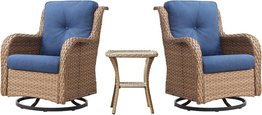 Outdoor Swivel Rocker Patio Chairs - 360 Degree Swivel Glider Seating 350LBS Weight Capacity 3 Piece Wicker Rocking Chairs Set with Side Table for Porch Balcony Deck, Yellow/Blue