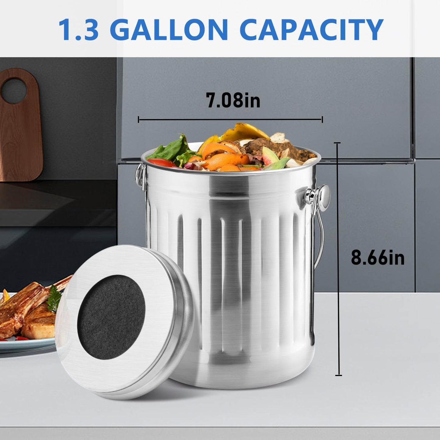 ENLOY Compost Bin for Kitchen Countertop, 1.3 Gallon Stainless Steel Indoor Compost Bucket for Kitchen Countertop Odorless Compost Pail for Kitchen Food Waste with Carrying Handle Easy to Clean