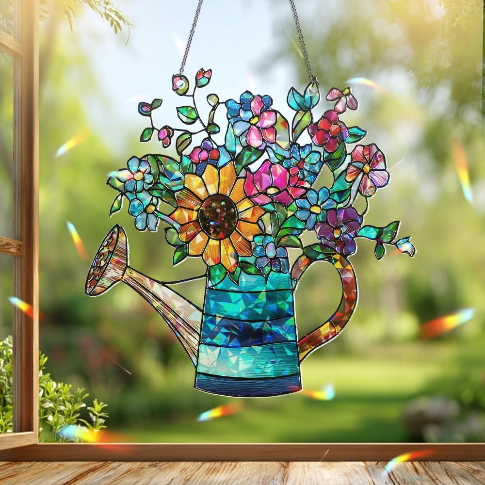 Sunflower Watering Can Suncatcher – Stained Glass Floral Ornament, Window Hanging Sun Catchers for Kitchen, Garden and Home Christmas Decoration