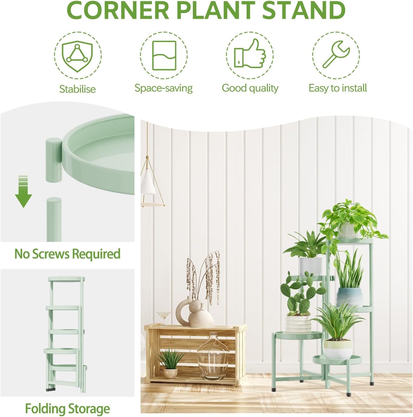 iDavosic.ly 5 Tier Large Plant Stand Indoor, 10 Inch Wide Corner Tall Metal Plant Stands Outdoor for Multiple Plants, Folding Tiered Flower Display Holder Rack Shelf, Light Green