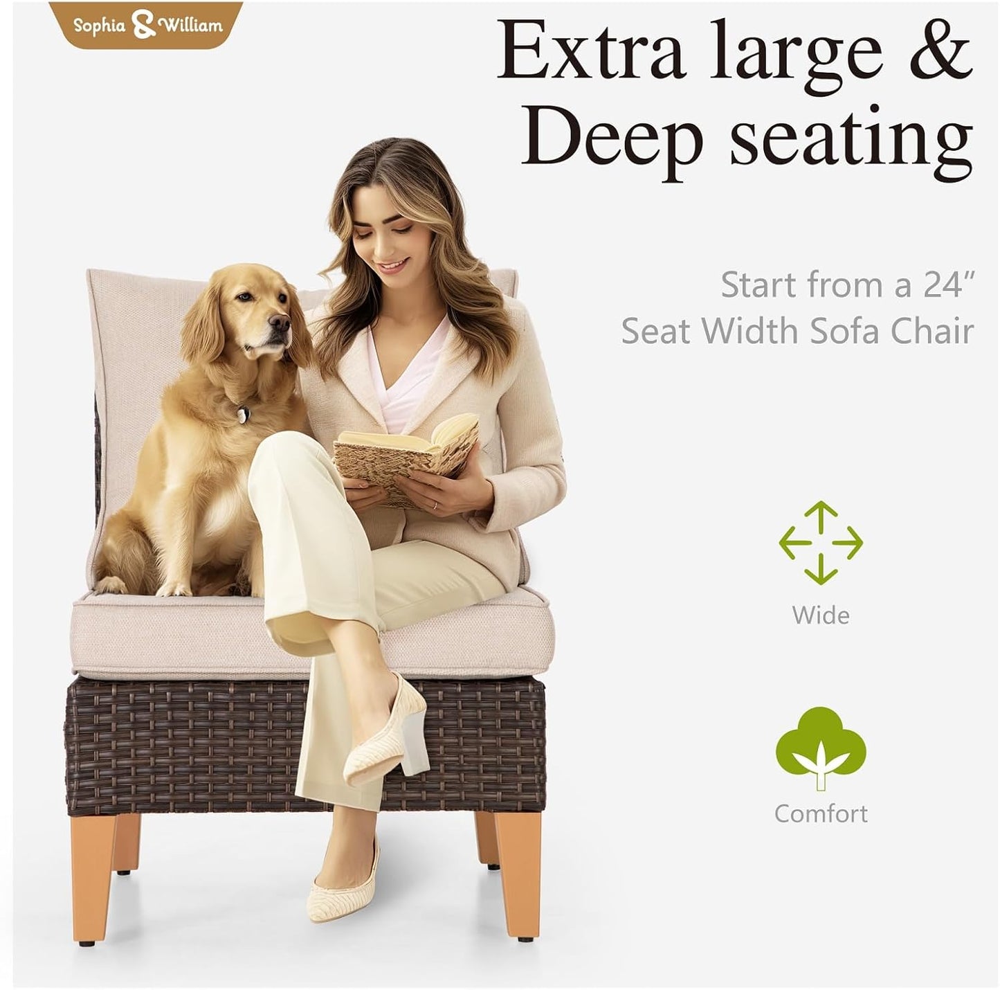 Sophia & William Patio Furniture Set with Fire Pit Table, 8 Piece Half Moon Outdoor Wicker Sectional Sofa Set, Rattan Conversation Set with 56-Inch Fire Pit Table & Ottoman (Beige)