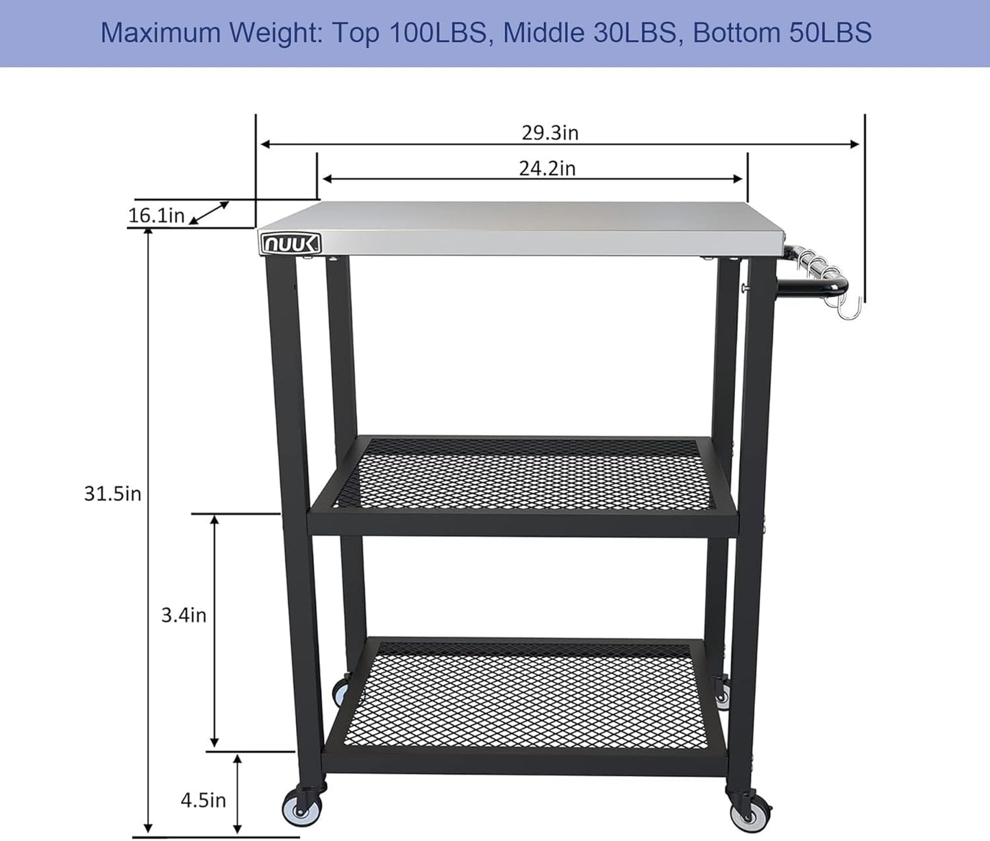 NUUK Three-Shelf Rolling Outdoor Dining Cart Table, 16" x 24" Stainless Steel Commercial Multifunctional Kitchen Food Prep Worktable on Wheels