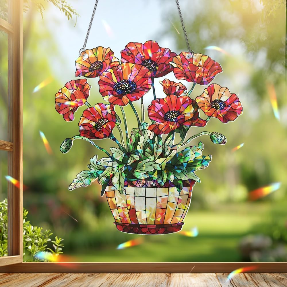Red Poppy Flower Basket Suncatcher – Stained Glass Window Hanging, Sun Catchers Indoor Window, Ornament for Home Decor, Garden Decoration Housewarming