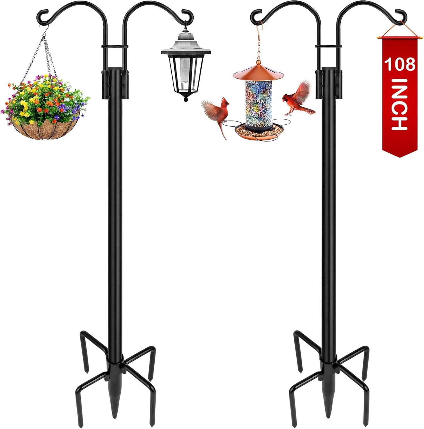 XDW-GIFTS Double Shepherds Hooks for Outdoor, 2-Pack Heavy Duty Garden Pole for Hanging Bird Feeder, Plant Baskets, Solar Light Lanterns, Garden Plant Hanger Stands with 5 Base Prongs