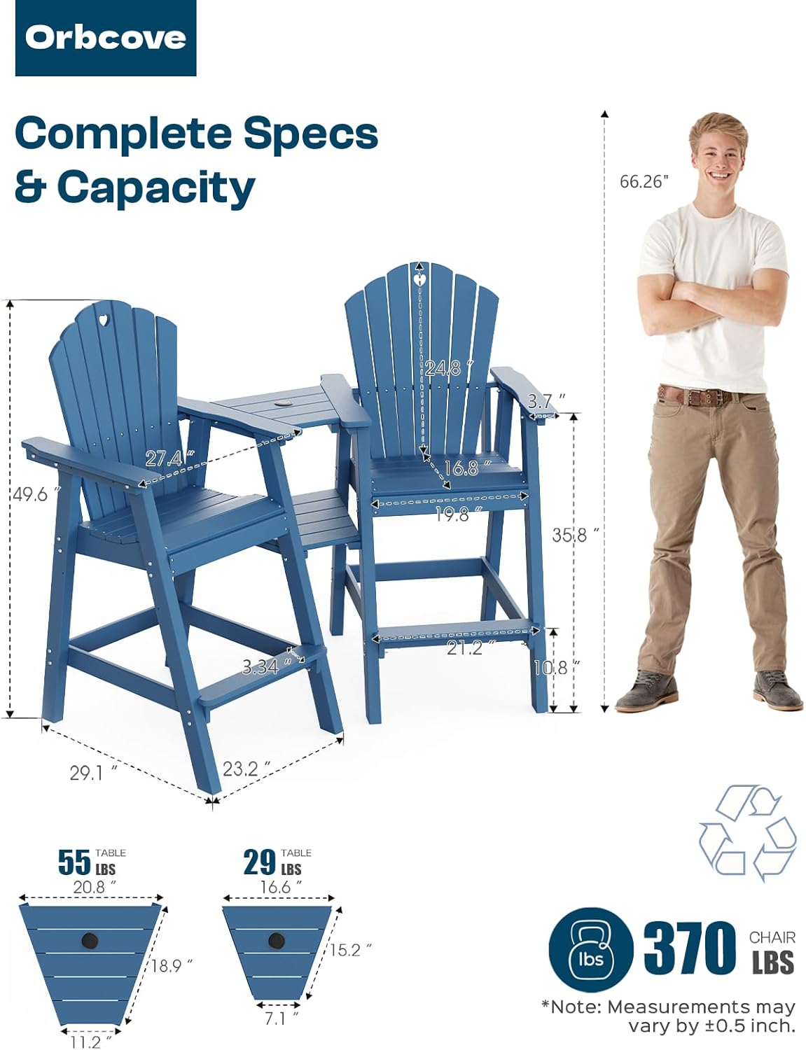 Tall Adirondack Chairs Set of 2 with 2-Layer Connecting Table, HDPE Bar Height Outdoor Table and Chairs with Umbrella Hole, All Weather Outdoor Bar Stools for Patio, Deck, Yard (Navy Blue)