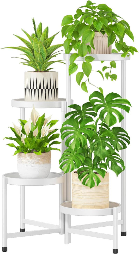iDavosic.ly 4 Tier Large Plant Stand Indoor, 10 Inch Wide Tall Corner Metal Plant Stands Outdoor for Multiple Plants, Folding Tiered Flower Display Holder Rack Shelf, White