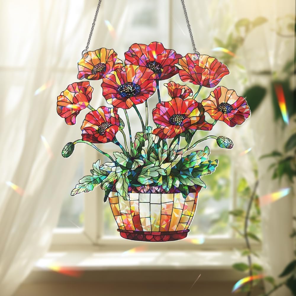 Red Poppy Flower Basket Suncatcher – Stained Glass Window Hanging, Sun Catchers Indoor Window, Ornament for Home Decor, Garden Decoration Housewarming