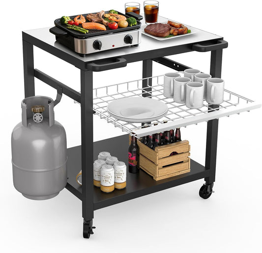 NUUK Outdoor Grill Cart 30"x 24" Pizza Oven Table 3-Shelf with Stainless Steel Top and Sliding Drawer BBQ Grilling Carts Outside Serving Prep Tables Stand
