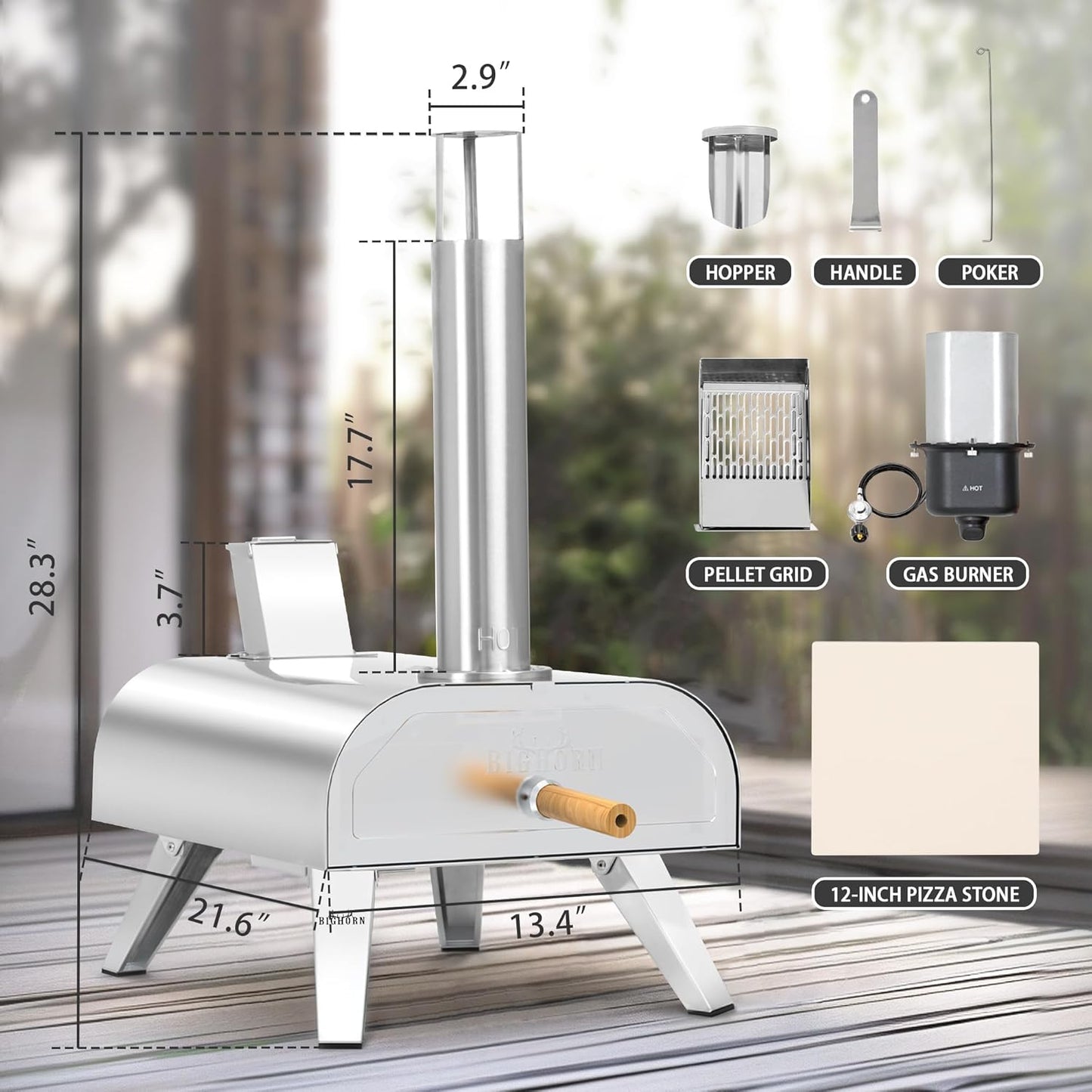 BIG HORN OUTDOORS 12" Multi-Fuel Pizza Oven, Portable Outdoor Pizza Oven, Wood Fired & Propane Gas, Pellet Pizza Maker with Pizza Stone