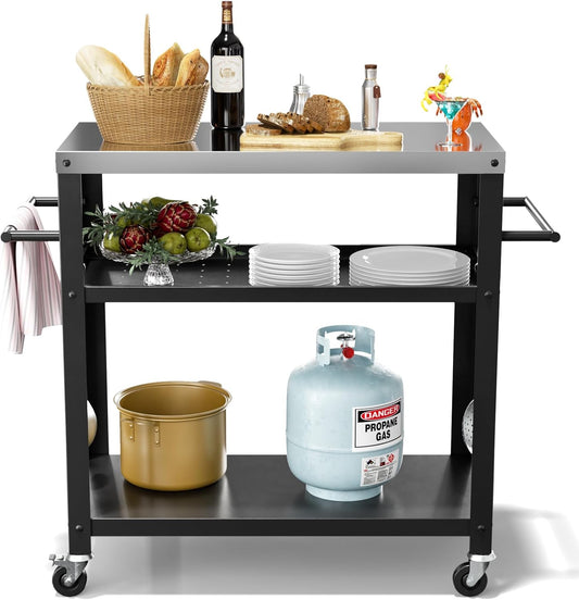 Outdoor Grill Cart with Three-Shelf, Stainless Steel Pizza Oven Table for Outside, Dining Kitchen Cart with Two Side Handle, Garden Patio BBQ Kitchen Food Prep Table Cart (Black)