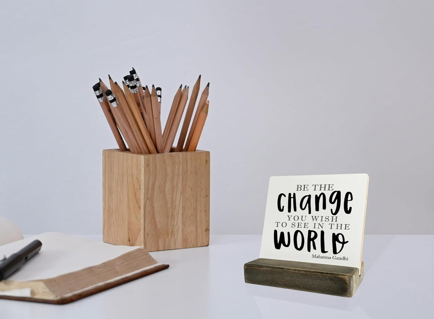 Primitive Wooden Sign, Be the Change You Wish to See in the World, Desk Plaque with Wooden Stand 4 x 4.3 inches, Mahatma Gandhi Saying, Decor for Kids Room, Home Decor, Graduation Gift A