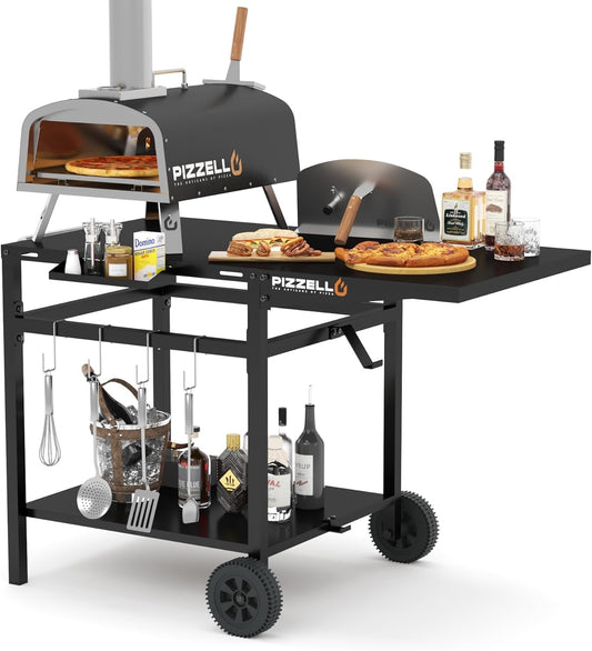 Outdoor Grill Table 44" x 26" Movable Pizza Oven Stand Foldable Double-Shelf Grill Cart Fit for 12/16inch Oven Ooni Ninja Woodfire Blackstone
