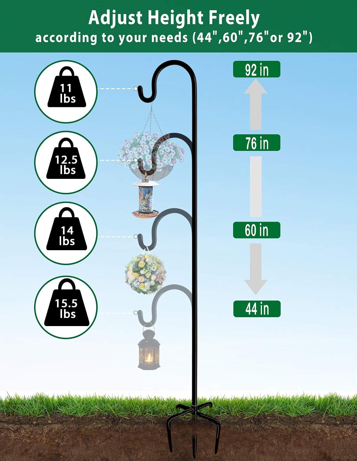 Artibear Adjustable Outdoor Shepherd Hook Stand with 5 Prong Base, 92 Inches Tall 3/5 in Thick, Shiny Black (1 Packs)