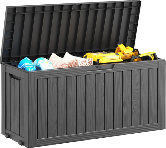 NUNU LAB 75 Gallon Outdoor Storage Box,Large Resin Sturdy Deck Box, Backyard Outside Storage Box Waterproof with Double Wall Panels,Package Delivery Garden Hose Storage Bin Outdoor Tool
