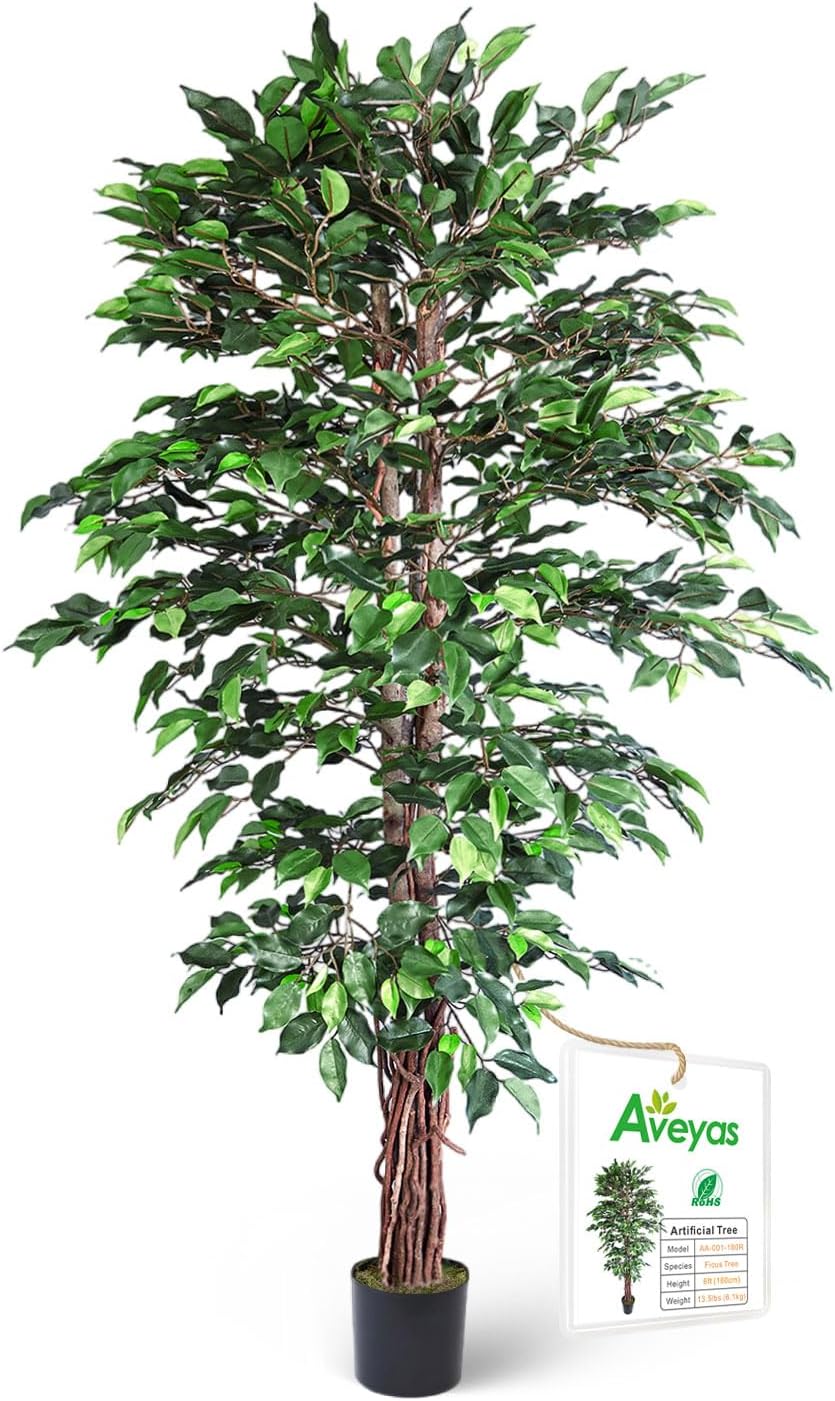 Aveyas 6ft Artificial Ficus Tree for Home Decor, 6 Feet Faux Plant Fake Silk Trees with Pot for Indoor Outdoor House Living Room Office Garden (6 ft Tall)