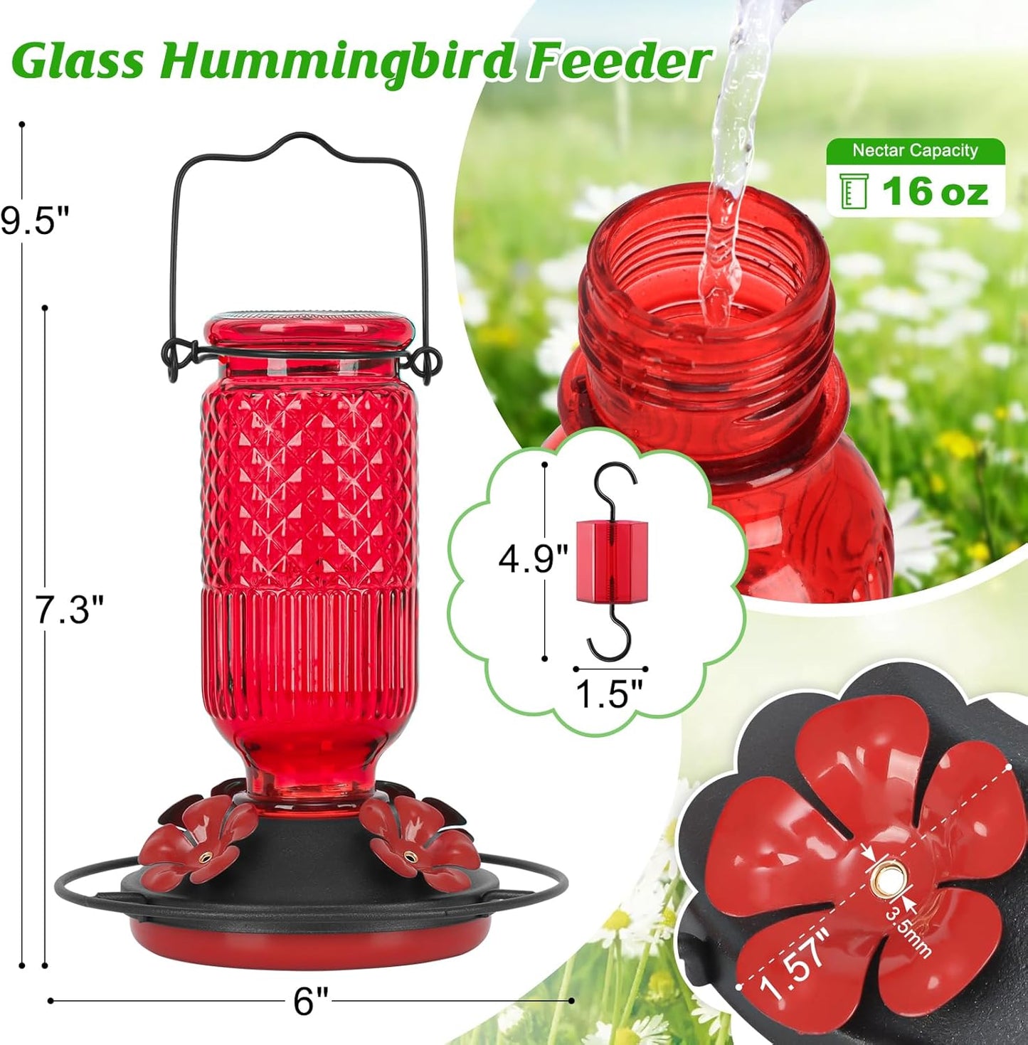FEED GARDEN Glass Hummingbird Feeder for Outdoors Hanging, 16 OZ Humming Birds Feeders with 4 Bee Guard Feeding Ports & Built-in Ant Moat, Bird Feeder for Outside, Gifts for Women Mom, Red