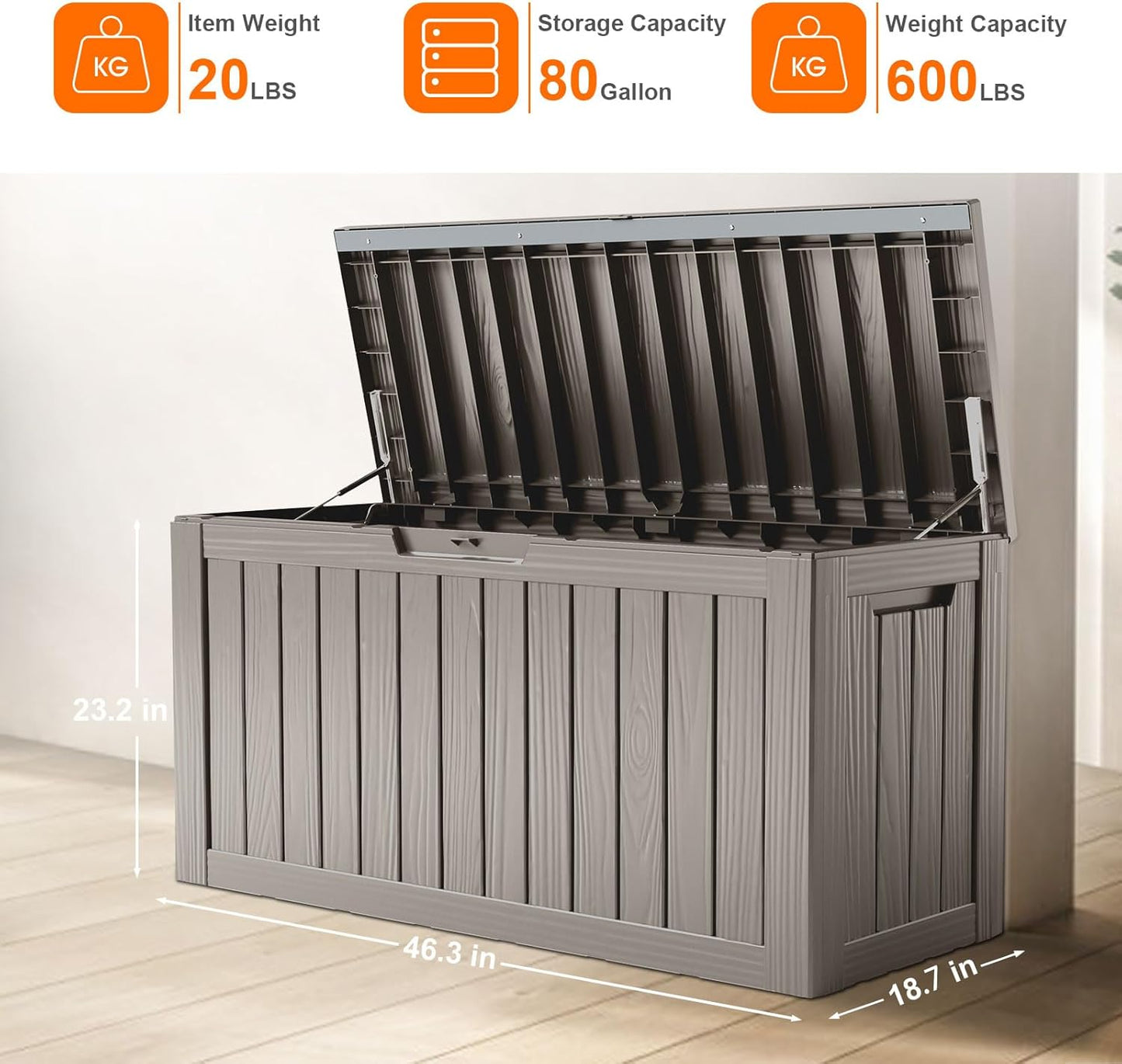 80 Gallon Resin Deck Box, Lockable Patio Outdoor Storage Box for Furniture, Garden Tools and Tools Storage, Waterproof Outside Storage Boxes - Grey