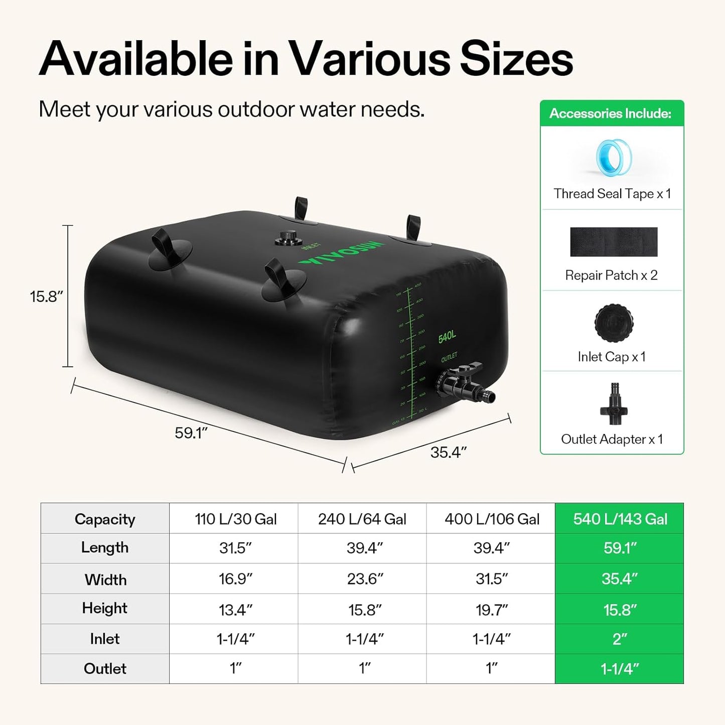 VIVOSUN 540 L/143 Gal Water Bladder, Foldable and Portable Water Storage Bag for RV, Camping, Garden Watering, Agricultural Irrigation, Drought Prevention, Firefighting