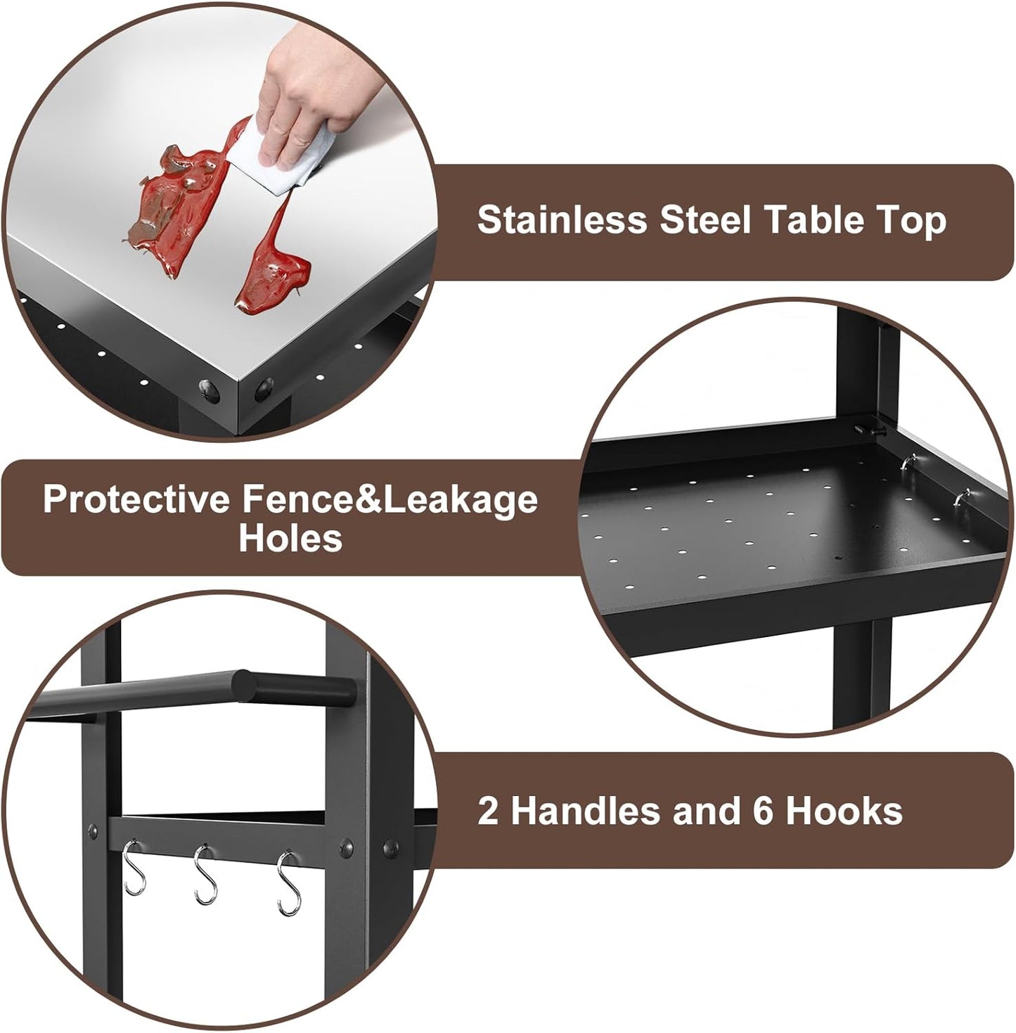 Outdoor Grill Cart with Three-Shelf, Stainless Steel Pizza Oven Table for Outside, Dining Kitchen Cart with Two Side Handle, Garden Patio BBQ Kitchen Food Prep Table Cart (Black)