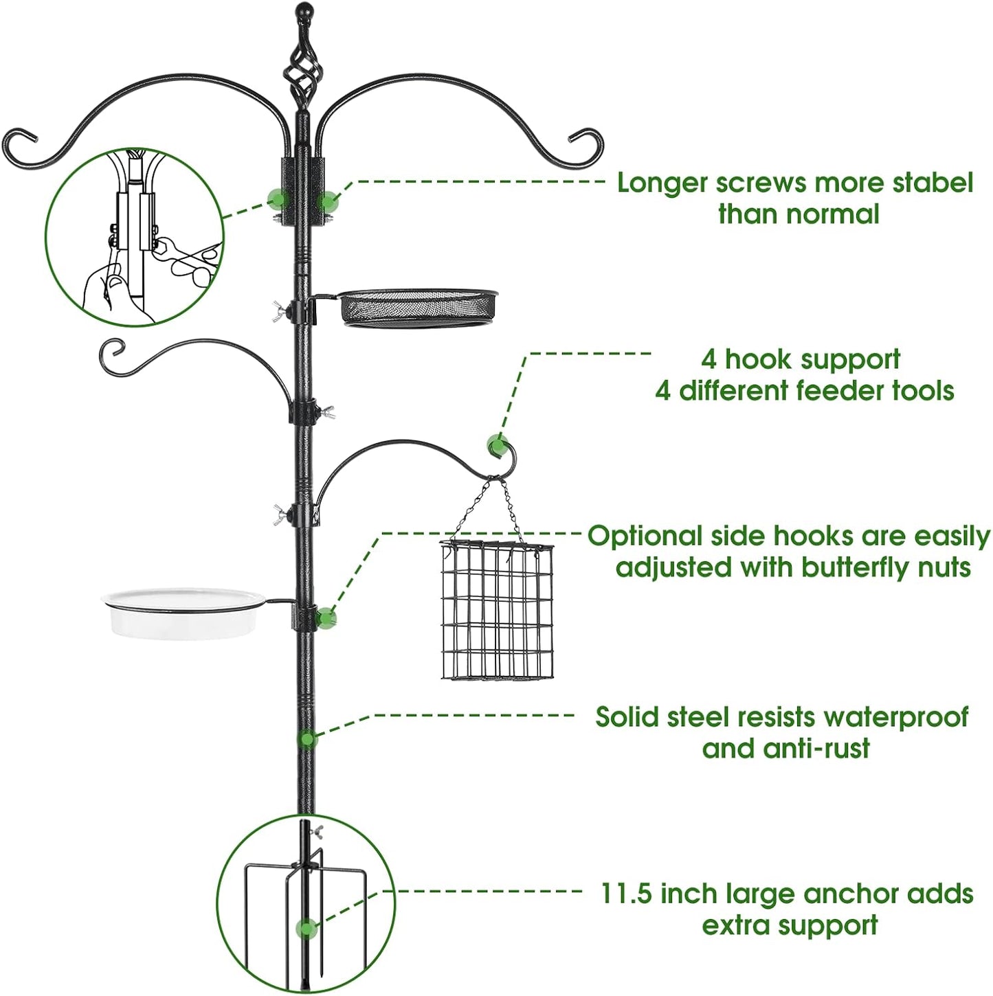 Bird Feeder Pole Wild Bird Feeder Hanging Kit Planter, 83 Inch Bird Feeding Station Kit with 5 Prongs Base Hummingbird Feeder Stand Hook for Outside