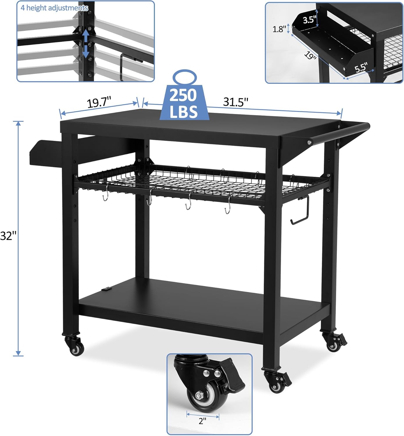 Spurgehom Grill Cart, Pizza Oven Stand Table with Wheels, Outdoor Movable Kitchen Cooking Prep Table BBQ Cart with Mesh Racks for Home Party, Bar, Camping